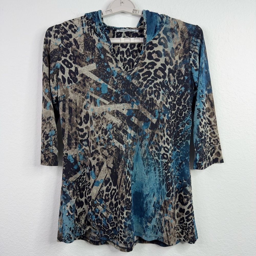 Mesmerize Shirt Women‎ M Animal Print Patchwork Hooded 3/4 Sleeve Dark Art Tunic
